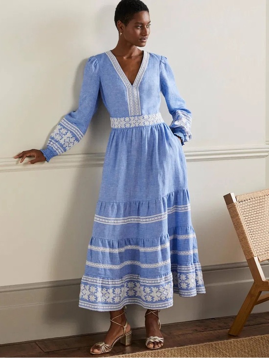 Boden Dresses & Skirts - Boden Blue Linen Embroidered V-Neck Midi Dress